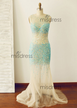 Sexy Sheer Blue Beaded Tulle Long Prom Dress